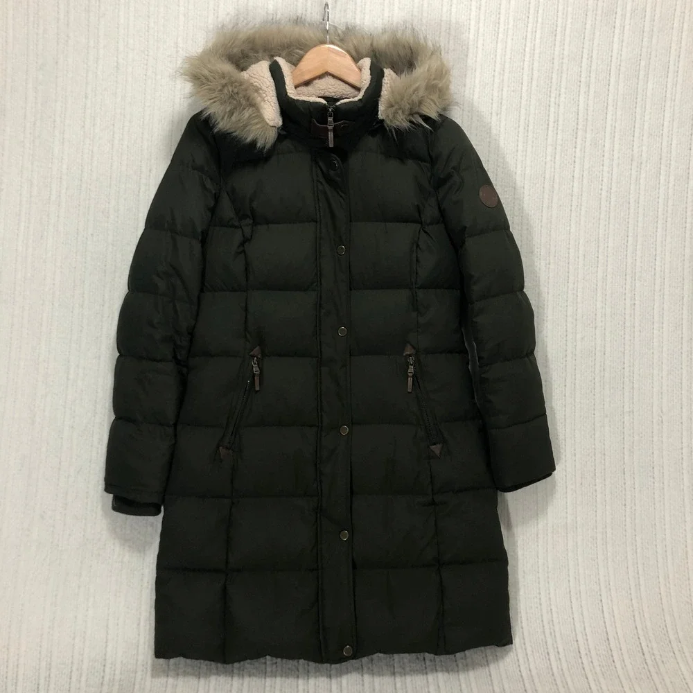 Lauren Ralph Lauren Womens Olive Green Quilted Puffer Parka Faux‎ Fur Hood Small